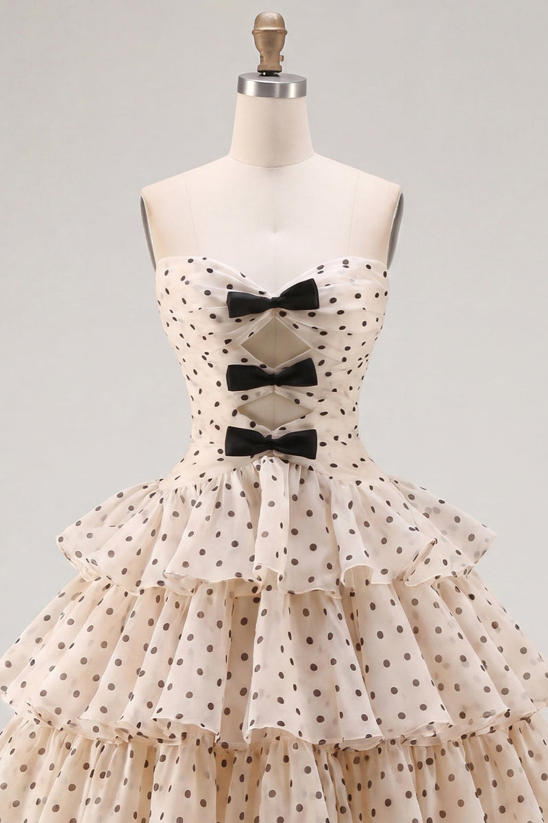 Laden Sie das Bild in den Galerie-Viewer, Aprikosenschwarzes A-Linien-Sweetheart Chiffon gestuftes Homecoming-Kleid mit Schleife