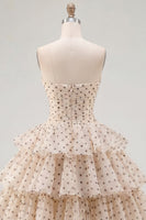 Laden Sie das Bild in den Galerie-Viewer, Aprikosenschwarzes A-Linien-Sweetheart Chiffon gestuftes Homecoming-Kleid mit Schleife