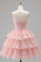 Laden Sie das Bild in den Galerie-Viewer, Rosa A-Linie Sweetheart Tüll-Korsett mit gestuftem Homecoming-Kleid