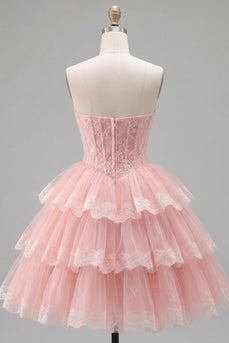 Rosa A-Linie Sweetheart Tüll-Korsett mit gestuftem Homecoming-Kleid