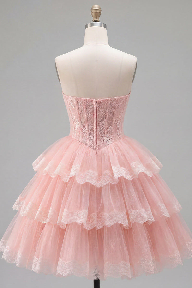 Laden Sie das Bild in den Galerie-Viewer, Rosa A-Linie Sweetheart Tüll-Korsett mit gestuftem Homecoming-Kleid