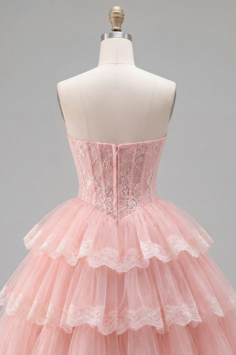 Laden Sie das Bild in den Galerie-Viewer, Rosa A-Linie Sweetheart Tüll-Korsett mit gestuftem Homecoming-Kleid