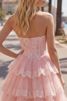 Laden Sie das Bild in den Galerie-Viewer, Rosa A-Linie Sweetheart Tüll-Korsett mit gestuftem Homecoming-Kleid