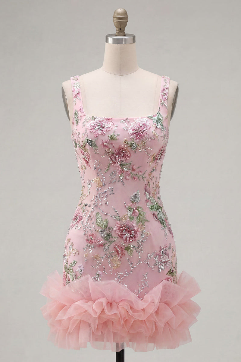 Laden Sie das Bild in den Galerie-Viewer, Pink-Quadrat-Ausschnitt Bodycon Blumenpailletten Homecoming-Kleid mit Rüschen