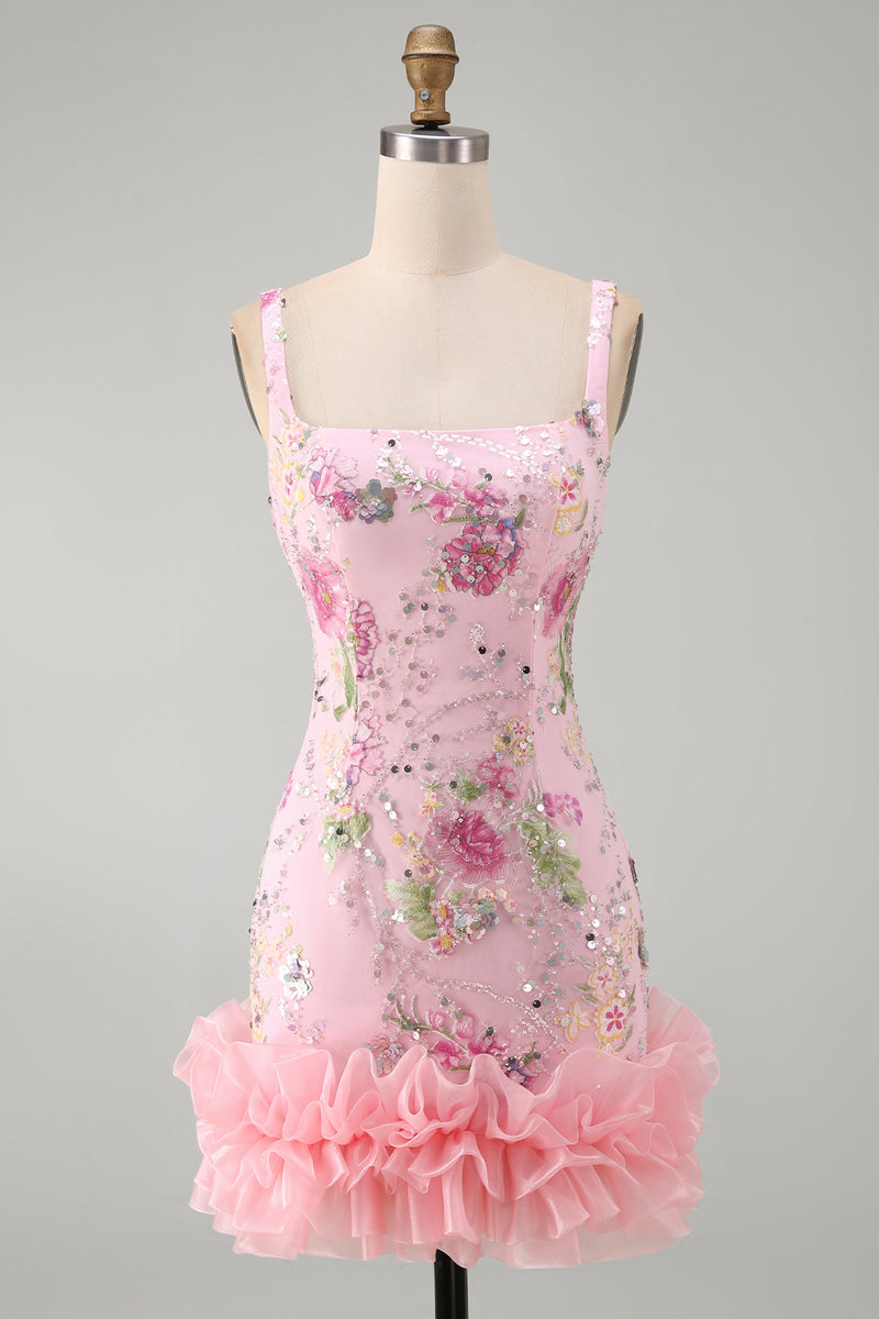 Laden Sie das Bild in den Galerie-Viewer, Rosa Quadrat-Ausschnitt Bodycon Blumen Pailletten Kurzes Abendkleid mit Rüschen
