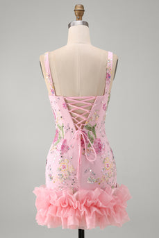 Rosa Quadrat-Ausschnitt Bodycon Blumen Pailletten Kurzes Abendkleid mit Rüschen