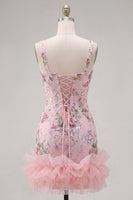 Laden Sie das Bild in den Galerie-Viewer, Pink-Quadrat-Ausschnitt Bodycon Blumenpailletten Homecoming-Kleid mit Rüschen