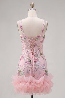 Rosa Quadrat-Ausschnitt Bodycon Blumen Pailletten Kurzes Abendkleid mit Rüschen