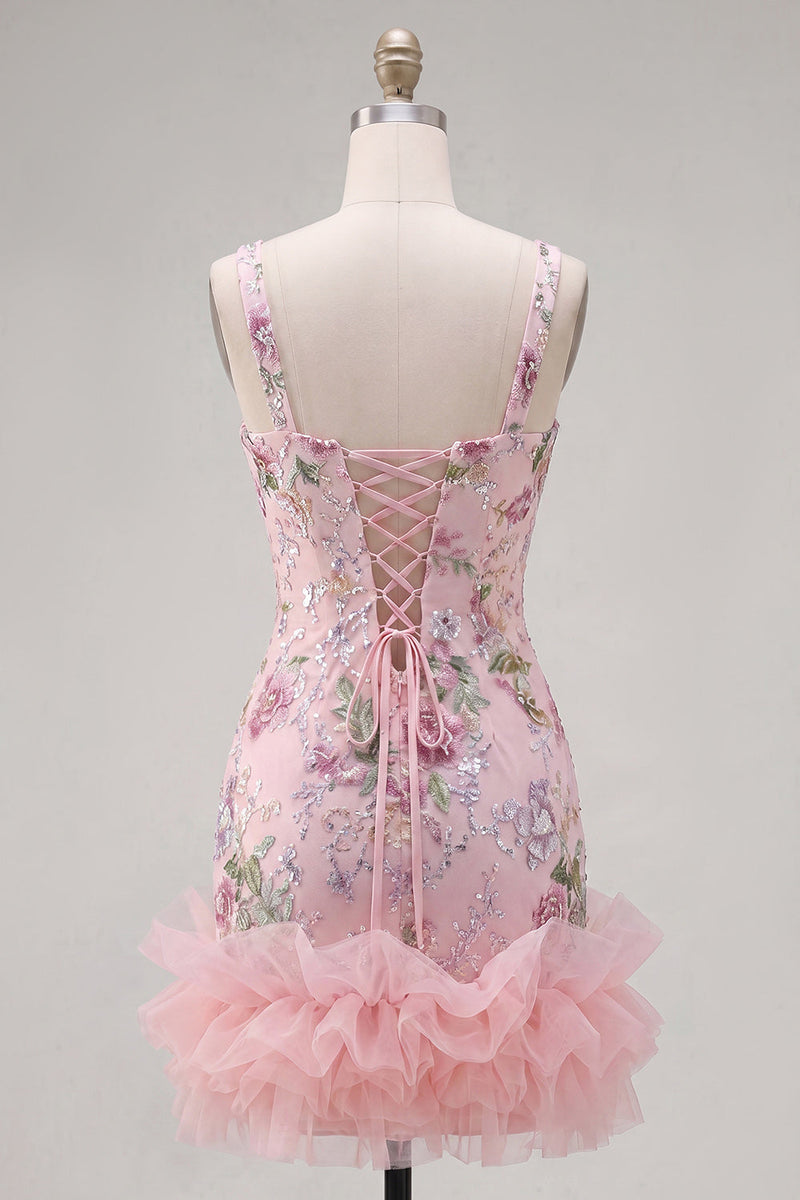 Laden Sie das Bild in den Galerie-Viewer, Pink-Quadrat-Ausschnitt Bodycon Blumenpailletten Homecoming-Kleid mit Rüschen