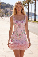 Laden Sie das Bild in den Galerie-Viewer, Pink-Quadrat-Ausschnitt Bodycon Blumenpailletten Homecoming-Kleid mit Rüschen