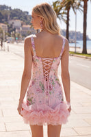 Laden Sie das Bild in den Galerie-Viewer, Pink-Quadrat-Ausschnitt Bodycon Blumenpailletten Homecoming-Kleid mit Rüschen