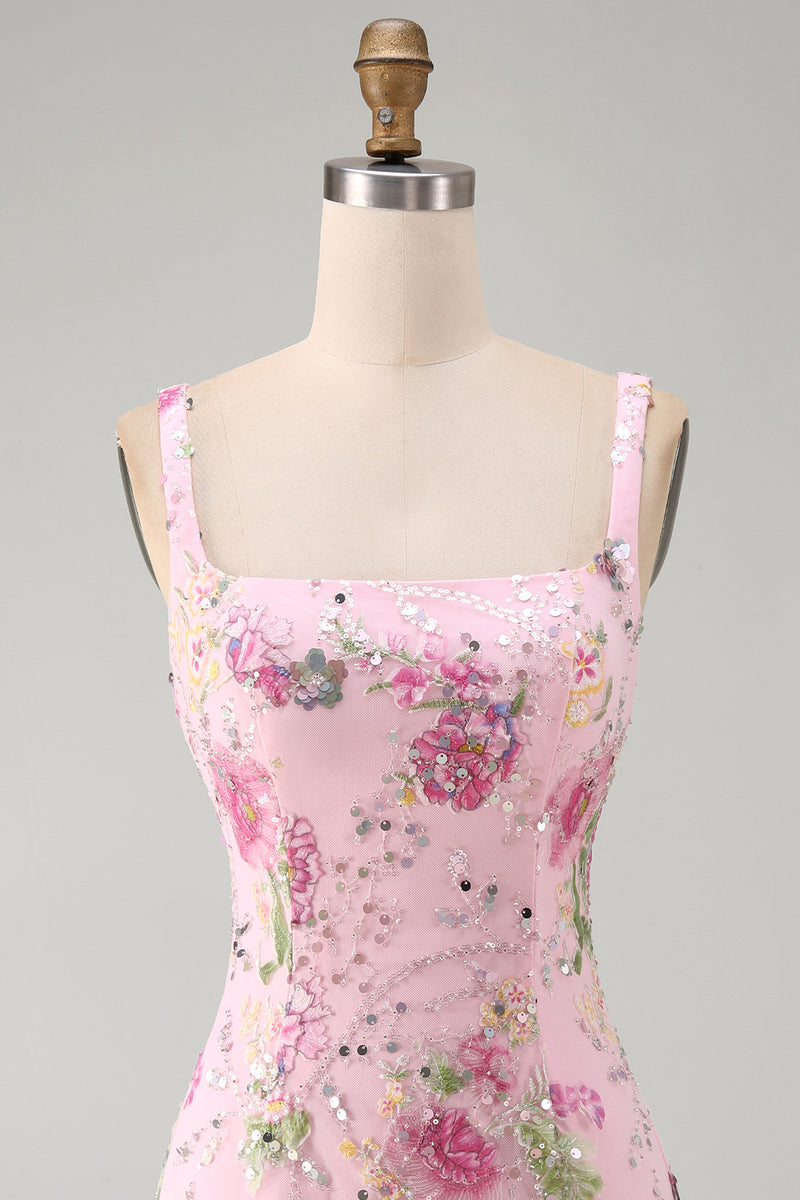 Laden Sie das Bild in den Galerie-Viewer, Rosa Quadrat-Ausschnitt Bodycon Blumen Pailletten Kurzes Abendkleid mit Rüschen