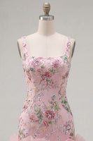 Laden Sie das Bild in den Galerie-Viewer, Pink-Quadrat-Ausschnitt Bodycon Blumenpailletten Homecoming-Kleid mit Rüschen