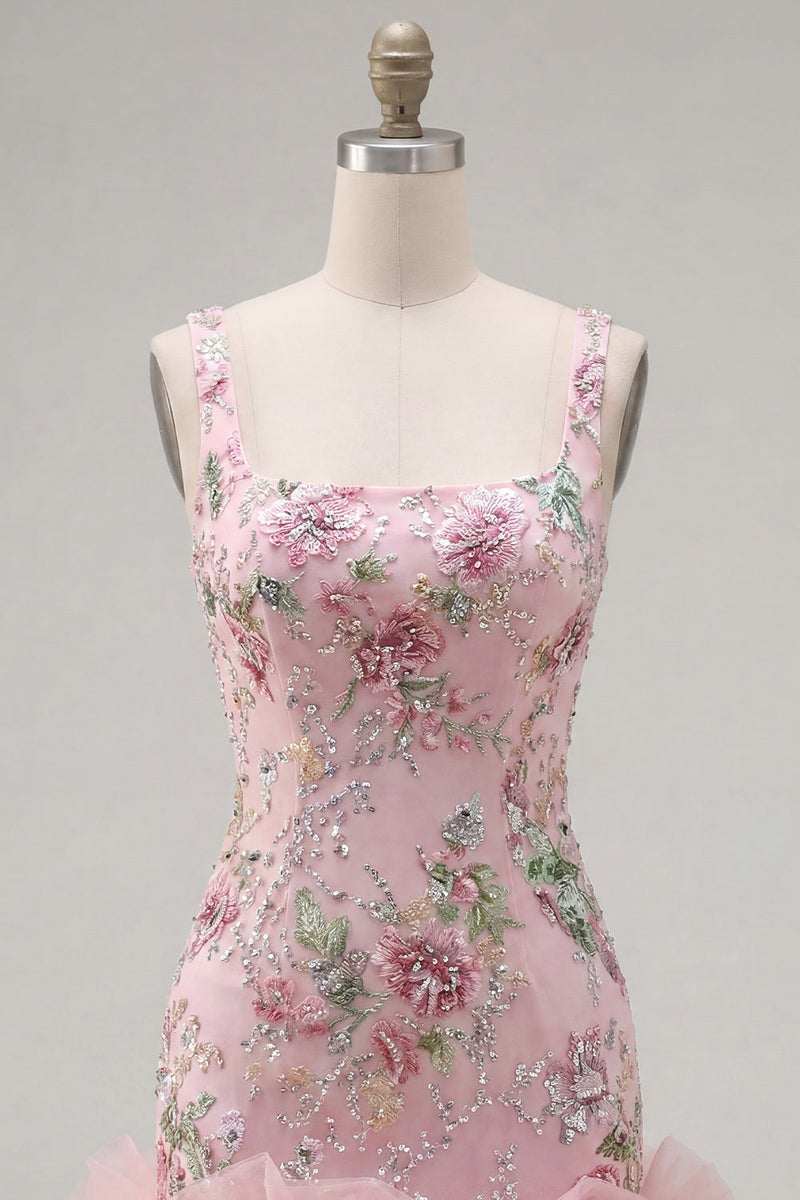 Laden Sie das Bild in den Galerie-Viewer, Pink-Quadrat-Ausschnitt Bodycon Blumenpailletten Homecoming-Kleid mit Rüschen