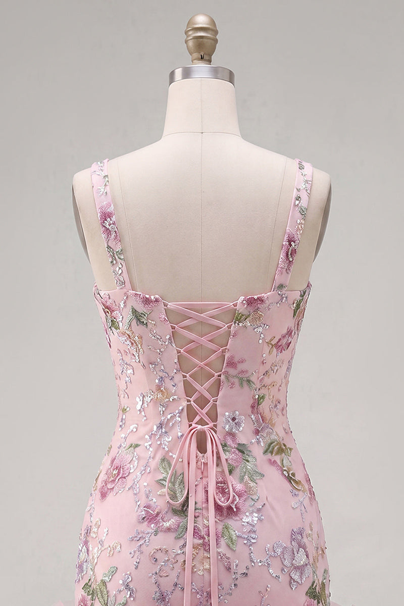 Laden Sie das Bild in den Galerie-Viewer, Pink-Quadrat-Ausschnitt Bodycon Blumenpailletten Homecoming-Kleid mit Rüschen