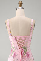 Laden Sie das Bild in den Galerie-Viewer, Rosa Quadrat-Ausschnitt Bodycon Blumen Pailletten Kurzes Abendkleid mit Rüschen