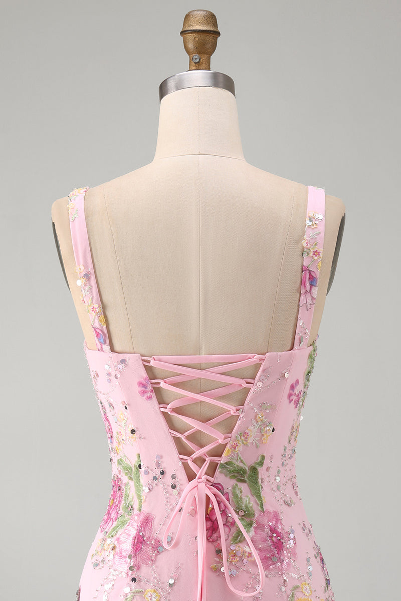 Laden Sie das Bild in den Galerie-Viewer, Rosa Quadrat-Ausschnitt Bodycon Blumen Pailletten Kurzes Abendkleid mit Rüschen