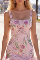 Laden Sie das Bild in den Galerie-Viewer, Pink-Quadrat-Ausschnitt Bodycon Blumenpailletten Homecoming-Kleid mit Rüschen