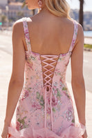 Laden Sie das Bild in den Galerie-Viewer, Pink-Quadrat-Ausschnitt Bodycon Blumenpailletten Homecoming-Kleid mit Rüschen