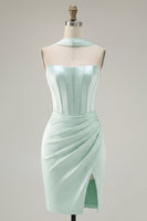 Laden Sie das Bild in den Galerie-Viewer, Mint trägerloses, korsettfarbenes Korsett-Homecoming-Kleid mit Schlitz