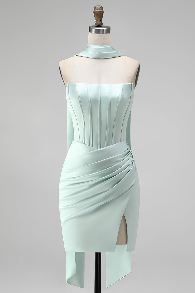 Laden Sie das Bild in den Galerie-Viewer, Mint Trägerloses Korsett Kurzes Abendkleid mit Schlitz