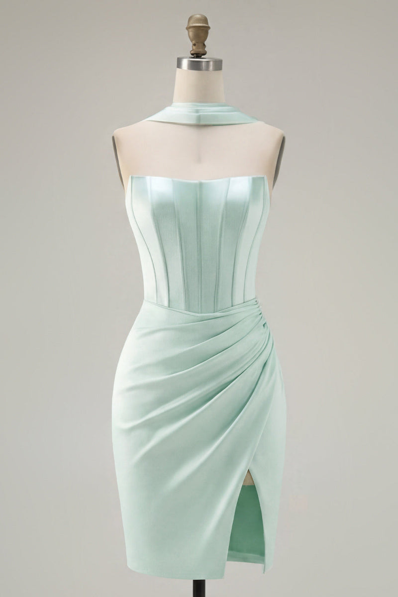 Laden Sie das Bild in den Galerie-Viewer, Mint trägerloses, korsettfarbenes Korsett-Homecoming-Kleid mit Schlitz