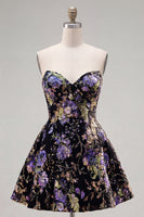 Laden Sie das Bild in den Galerie-Viewer, Rosa Trägerloses A-Linie Pailletten Floral Kurzes Abendkleid mit Schnürung
