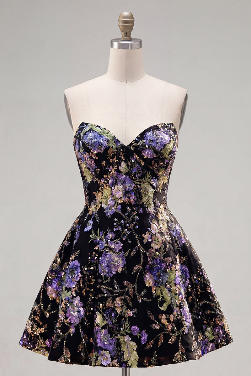 Laden Sie das Bild in den Galerie-Viewer, Rosa Trägerloses A-Linie Pailletten Floral Kurzes Abendkleid mit Schnürung