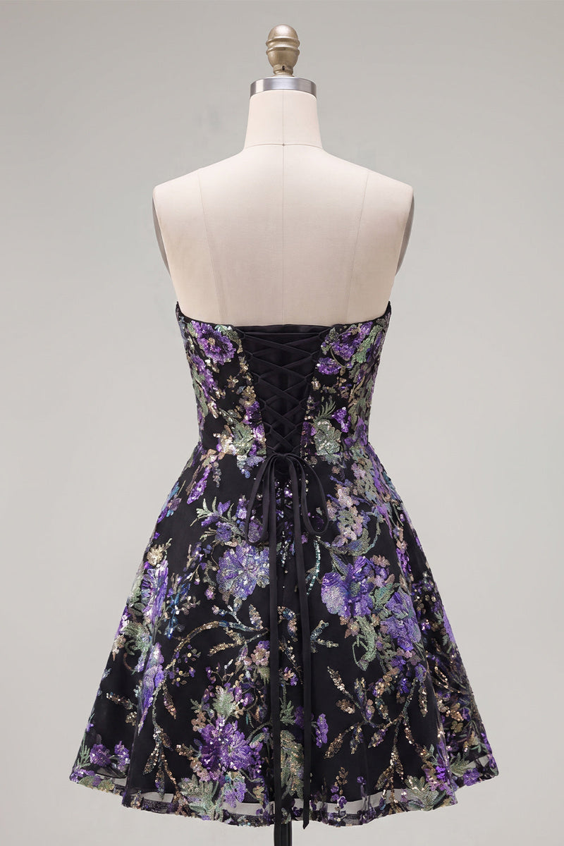 Laden Sie das Bild in den Galerie-Viewer, Rosa Trägerloses A-Linie Pailletten Floral Kurzes Abendkleid mit Schnürung