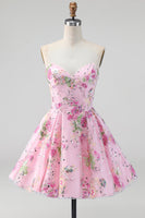 Laden Sie das Bild in den Galerie-Viewer, Rosa Trägerloses A-Linie Pailletten Floral Kurzes Abendkleid mit Schnürung