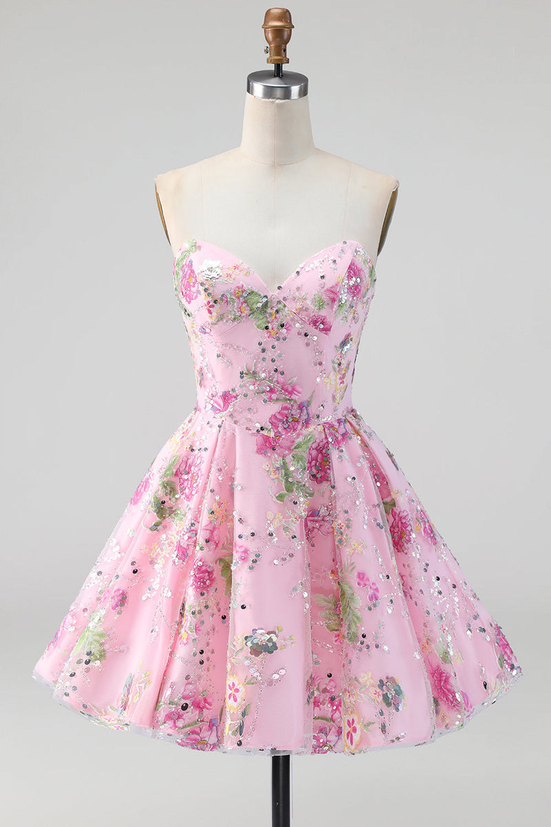 Laden Sie das Bild in den Galerie-Viewer, Rosa Trägerloses A-Linie Pailletten Floral Kurzes Abendkleid mit Schnürung