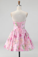 Laden Sie das Bild in den Galerie-Viewer, Rosa Trägerloses A-Linie Pailletten Floral Kurzes Abendkleid mit Schnürung