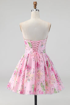 Rosa Trägerloses A-Linie Pailletten Floral Kurzes Abendkleid mit Schnürung