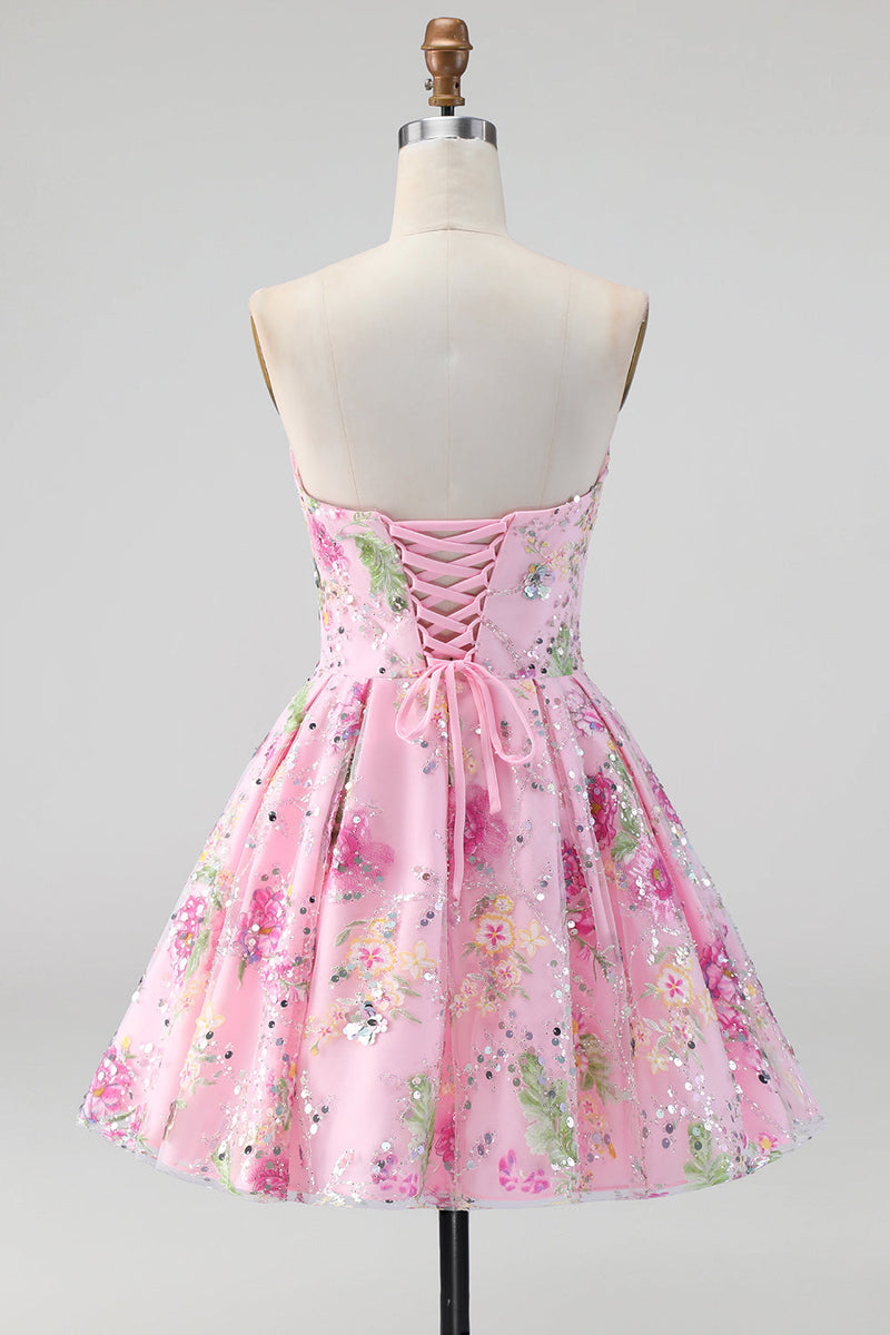 Laden Sie das Bild in den Galerie-Viewer, Rosa Trägerloses A-Linie Pailletten Floral Kurzes Abendkleid mit Schnürung