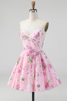 Laden Sie das Bild in den Galerie-Viewer, Rosa Trägerloses A-Linie Pailletten Floral Kurzes Abendkleid mit Schnürung