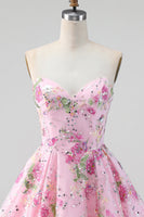 Laden Sie das Bild in den Galerie-Viewer, Rosa Trägerloses A-Linie Pailletten Floral Kurzes Abendkleid mit Schnürung