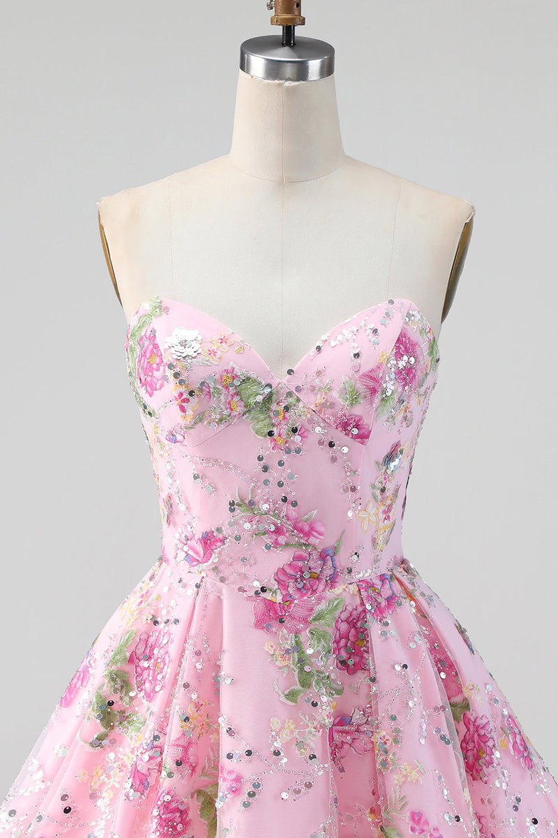 Laden Sie das Bild in den Galerie-Viewer, Rosa Trägerloses A-Linie Pailletten Floral Kurzes Abendkleid mit Schnürung