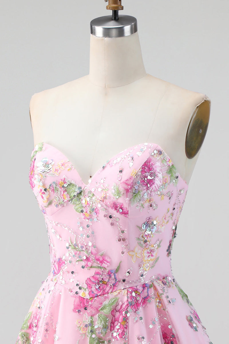 Laden Sie das Bild in den Galerie-Viewer, Rosa Trägerloses A-Linie Pailletten Floral Kurzes Abendkleid mit Schnürung