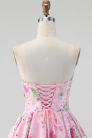 Laden Sie das Bild in den Galerie-Viewer, Rosa Trägerloses A-Linie Pailletten Floral Kurzes Abendkleid mit Schnürung