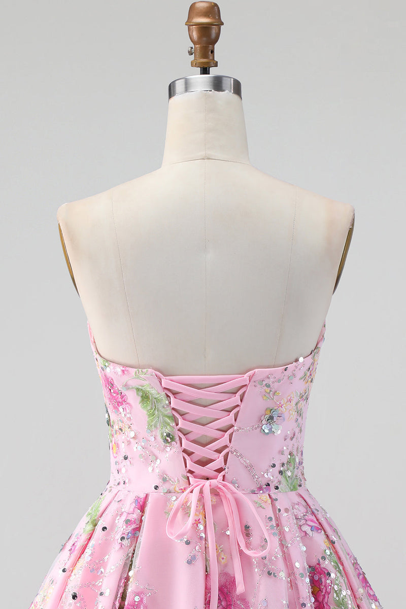 Laden Sie das Bild in den Galerie-Viewer, Rosa Trägerloses A-Linie Pailletten Floral Kurzes Abendkleid mit Schnürung