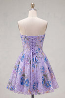 Laden Sie das Bild in den Galerie-Viewer, Rosa Trägerloses A-Linie Pailletten Floral Kurzes Abendkleid mit Schnürung