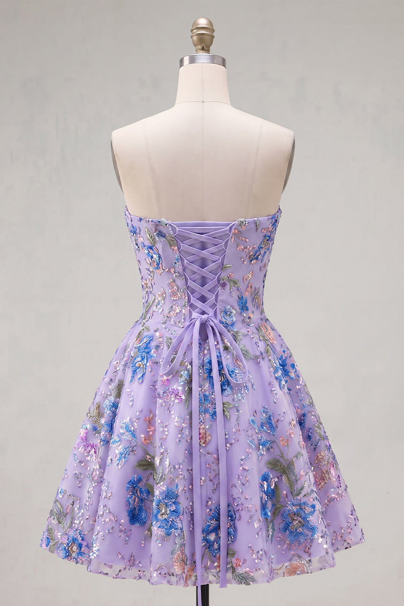 Laden Sie das Bild in den Galerie-Viewer, Rosa Trägerloses A-Linie Pailletten Floral Kurzes Abendkleid mit Schnürung