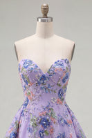 Laden Sie das Bild in den Galerie-Viewer, Rosa Trägerloses A-Linie Pailletten Floral Kurzes Abendkleid mit Schnürung