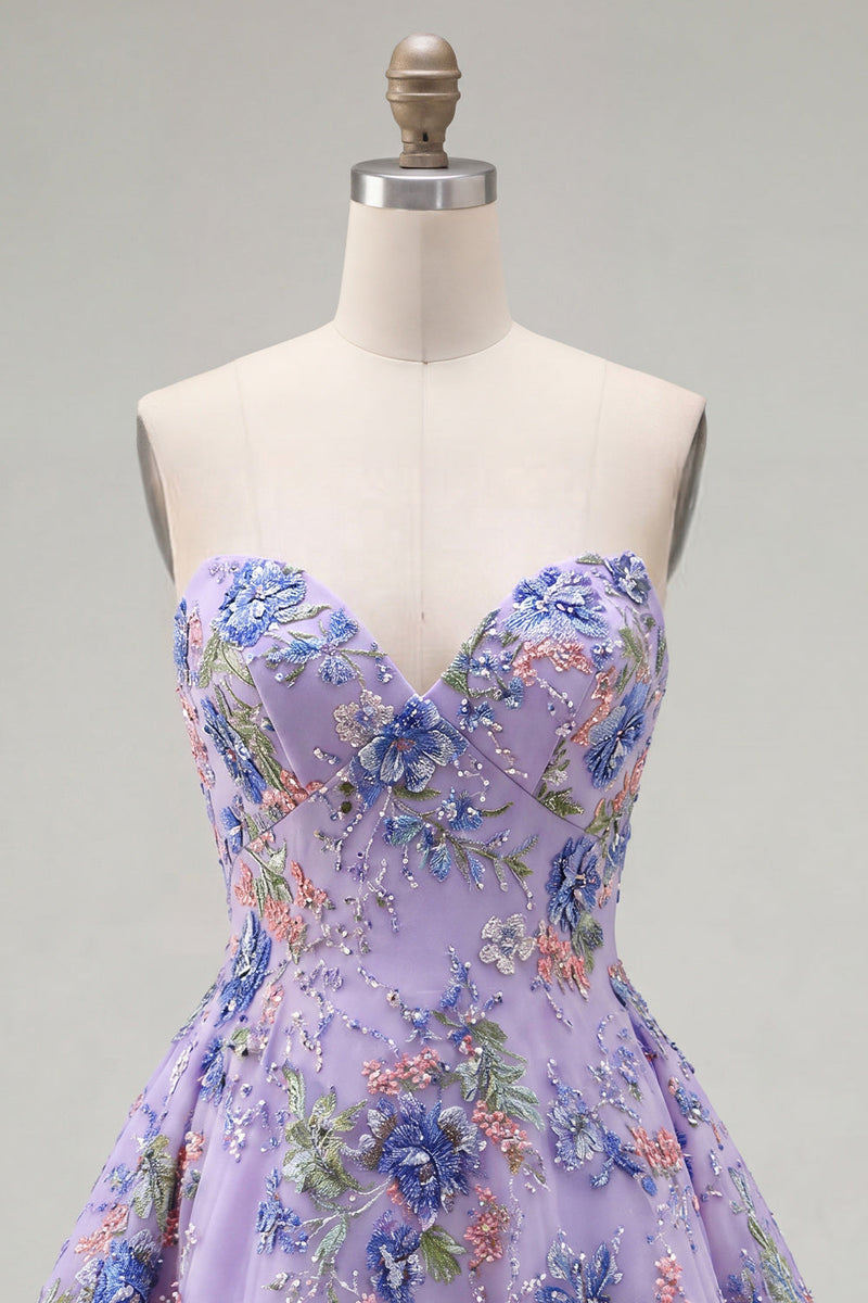 Laden Sie das Bild in den Galerie-Viewer, Rosa Trägerloses A-Linie Pailletten Floral Kurzes Abendkleid mit Schnürung