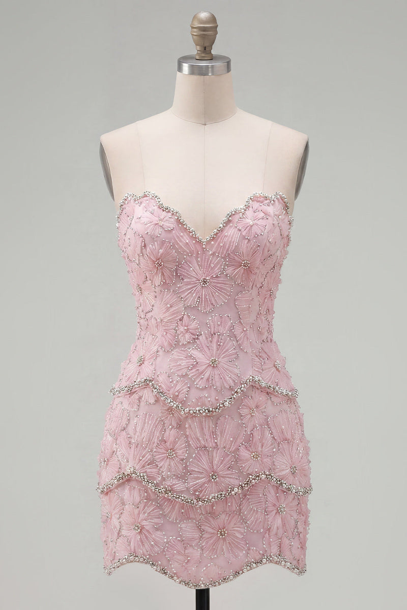 Laden Sie das Bild in den Galerie-Viewer, Sweetheart Pink Bodycon Homecoming-Kleid mit Perlen