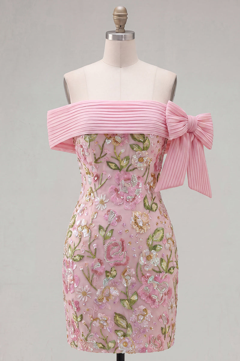 Laden Sie das Bild in den Galerie-Viewer, Off-the-shoulder pinkes Bodycon-Blumen-Homecoming-Kleid mit Pailletten