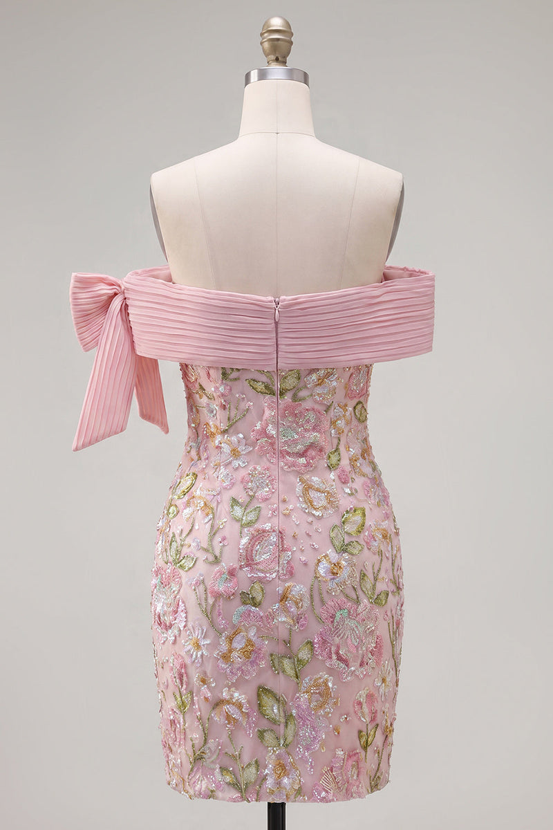 Laden Sie das Bild in den Galerie-Viewer, Off-the-shoulder pinkes Bodycon-Blumen-Homecoming-Kleid mit Pailletten