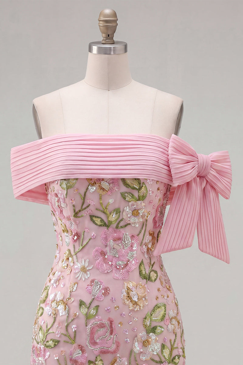 Laden Sie das Bild in den Galerie-Viewer, Off-the-shoulder pinkes Bodycon-Blumen-Homecoming-Kleid mit Pailletten
