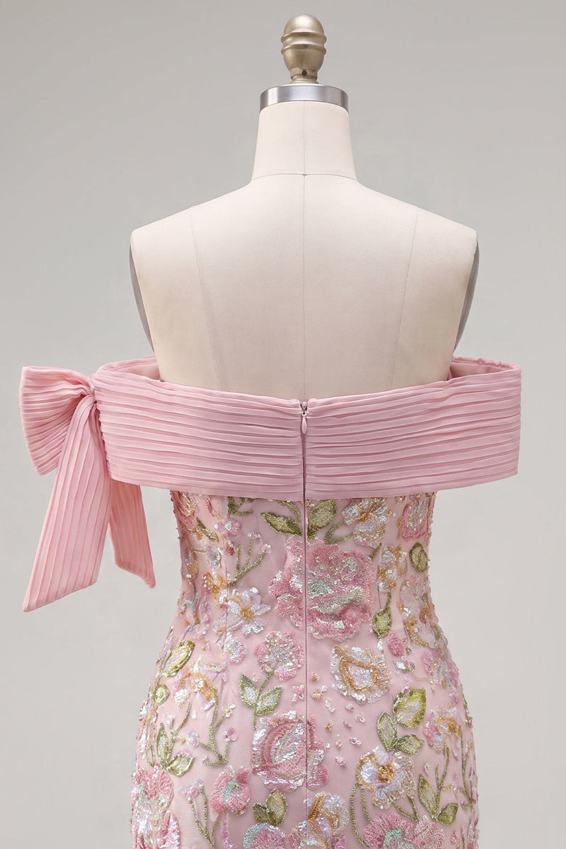 Laden Sie das Bild in den Galerie-Viewer, Off-the-shoulder pinkes Bodycon-Blumen-Homecoming-Kleid mit Pailletten