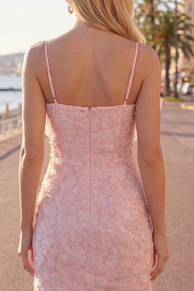 Laden Sie das Bild in den Galerie-Viewer, Rosa Bodycon Spaghetti-Träger mit Perlen, Blumen-Homecoming-Kleid mit Schleife
